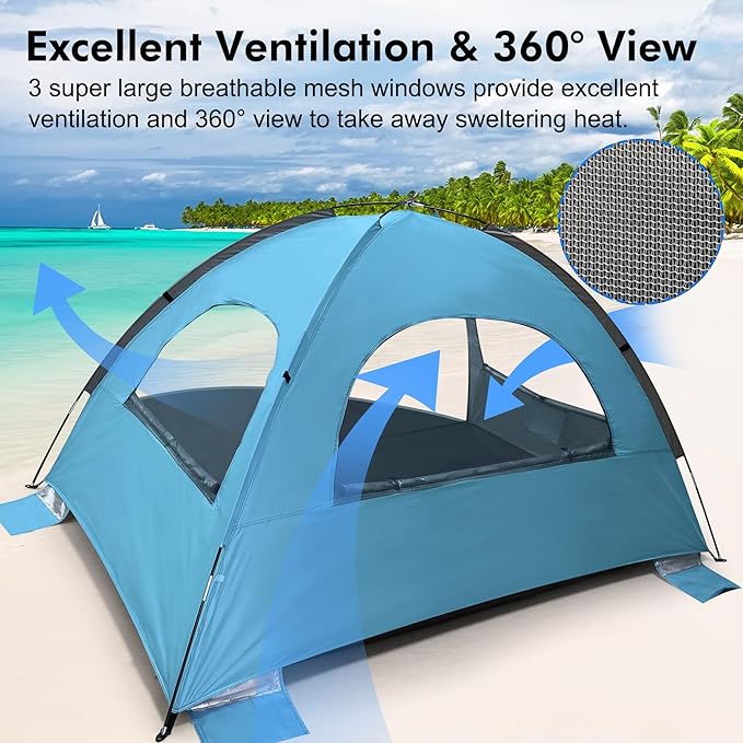WhiteFang Beach Tent Anti-UV Portable Sun Shade Shelter for 3 Person Extendable Floor with 3 Ventilating Mesh Windows Plus Carrying Bag Stakes and Guy Lines (Blue)