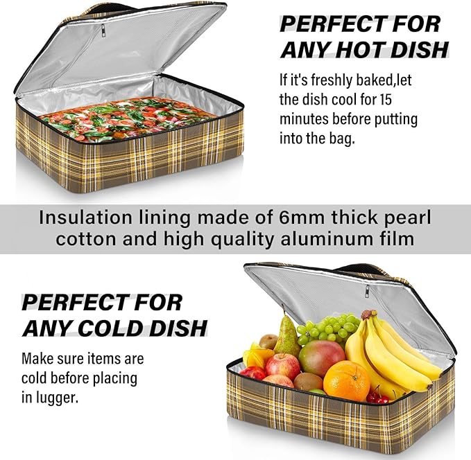 Casserole Carrier Yellow Brown Tartan Pattern Insulated Casserole Carrier for Hot or Cold Food Thermal Lunch Tote for Parties Picnic Travel Carry Bag