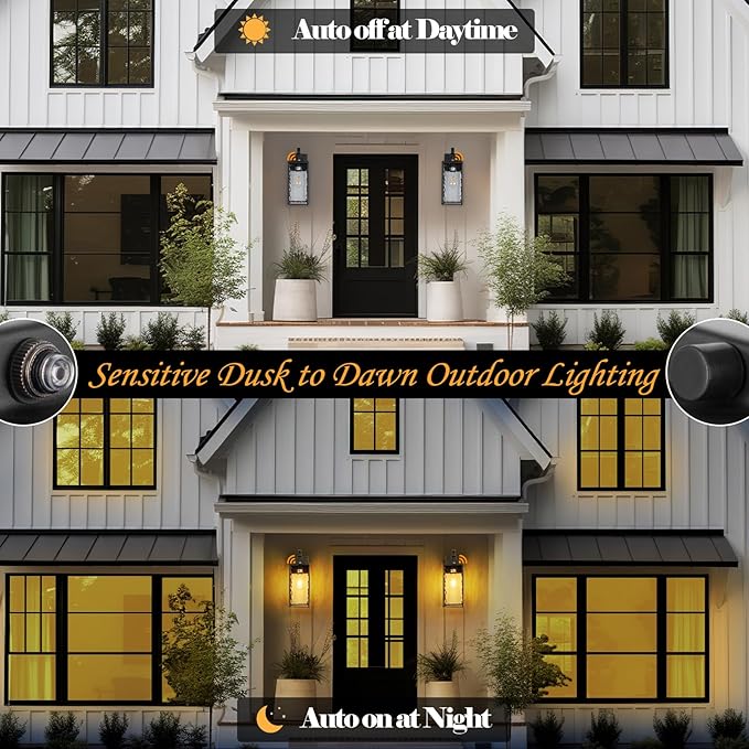 2-Pack Dusk to Dawn Outdoor Lighting with Water Ripple Glass IP65 Waterproof Matte Black Front Porch Lights Photocell Sensor Exterior Light Fixtures Outdoor Wall Sconces Coach Lights