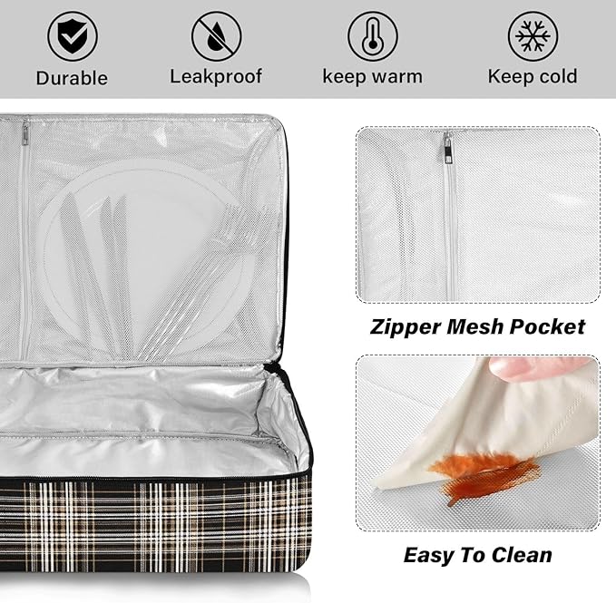 Casserole Carrier Black Wnite and Brown Tartan Pattern Insulated Casserole Carrier for Hot or Cold Food Thermal Lunch Tote for Parties Picnic Travel Carry Bag