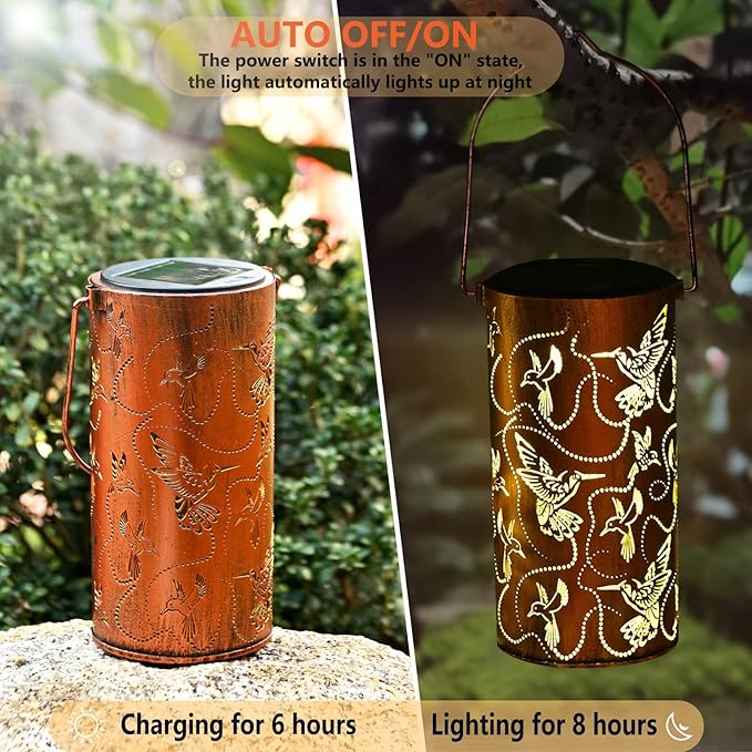 2 Pack Solar Lanterns Outdoor Hanging Hummingbird Decor LanternWaterproof Hollow Out Metal Decorative Garden LightGraceful Decoration for PatioYardLandscapeFestival