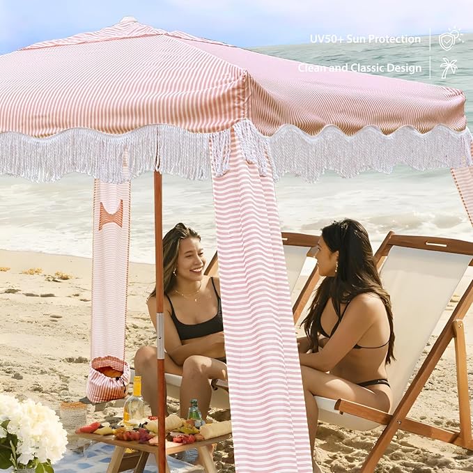 AMMSUN Beach Cabana with Fringe 6.5' x 6.5' Boho Beach Canopy with Tassels Easy Set up &amp Premium Wood Pole Cabana Tent with Sand Pockets Instant Sun Shade for Sand Garden Patio Pink Stripes