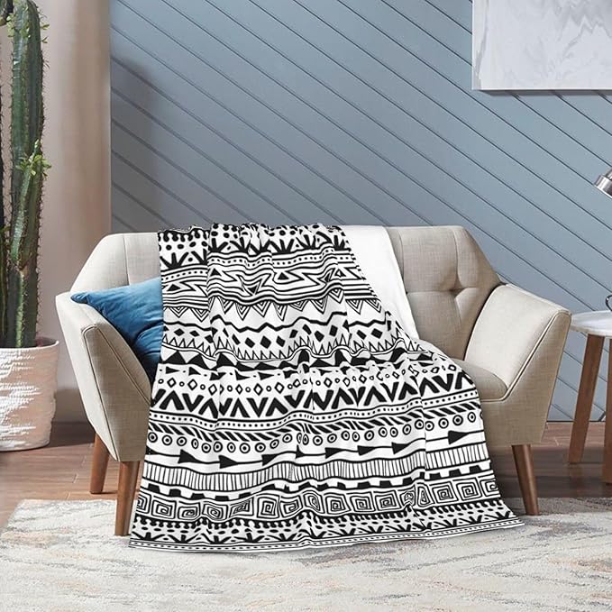 80X60 Tribal Print Black and White Aztec Pattern Boho Lightweight Flannel Blanket - Soft and Breathable Polyester Suitable for Travel Camping and Home Decoration