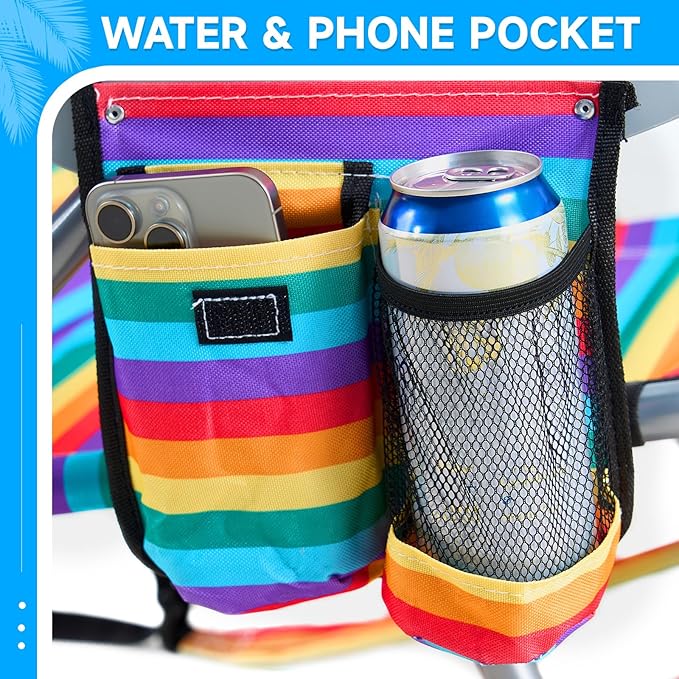 2 Pack Lightweight Portable Camping Beach Chair for Adult Outdoor Lay Flat Folding Beach Chairs with 5 Position Backpack Beach Chair with Towel Bar Zipper Pouch Cup Holder Rainbow Striped