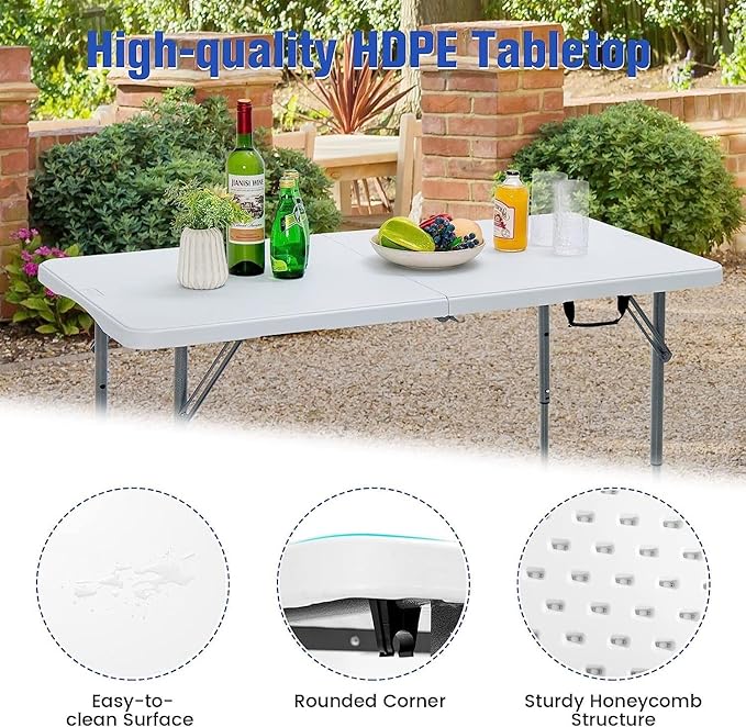 Camping Table Folding Camping Table 3-Level Adjustable Height Party Picnic Table with Carrying Handles Portable Outdoor Indoor BBQ Dining Table 150kg Load Capacity