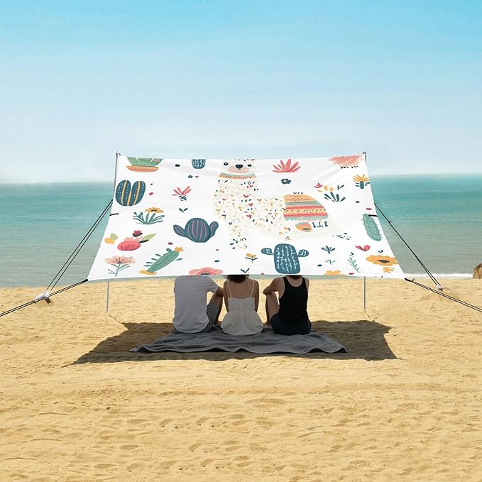 ALAZA Llama Alpaca Cactus Boho Beach Tent Sun Shelter UPF50+ Protection Beach Shade Canopy w/ 4 Sandbags for Outdoor Camping Fishing Backyard Fun Picnic 10x9 ft