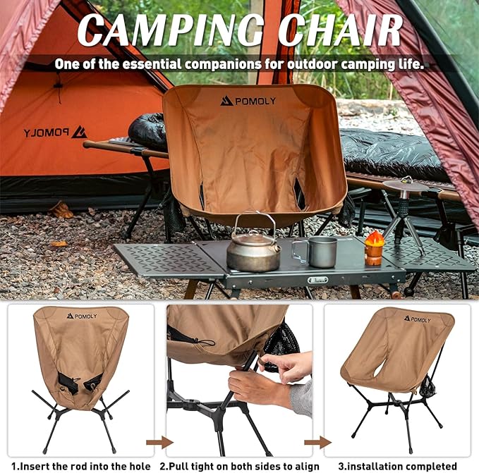 POMOLY Lightweight Camping Chair (Innovative Rotating Instant Setup) Portable Collapsible Camping Chair Folding Outdoor Backpacking Ultralight Hiking Hunting Compact 440lbs Capacity