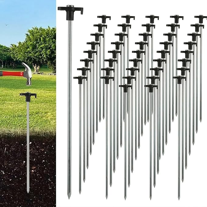 50 Pack 10 Inch Heavy Duty Tent Stakes Metal Tent Pegs for Hard Ground Black Steel Camping Stakes for Canopies Tarps &amp Gazebos Secure Ground Anchors with T-Shaped Heads