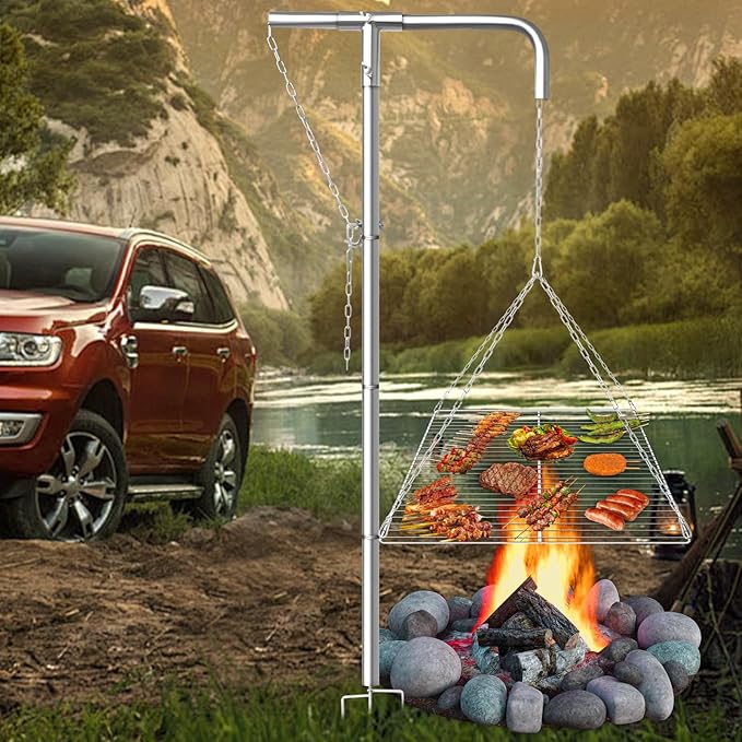 Tripod Campfire Grill with Adjustable Hanging Grate 360° Rotating Fire Pit Grill System Heavy Duty Stainless Steel Outdoor Cooking Stand for Camping &amp Backyard