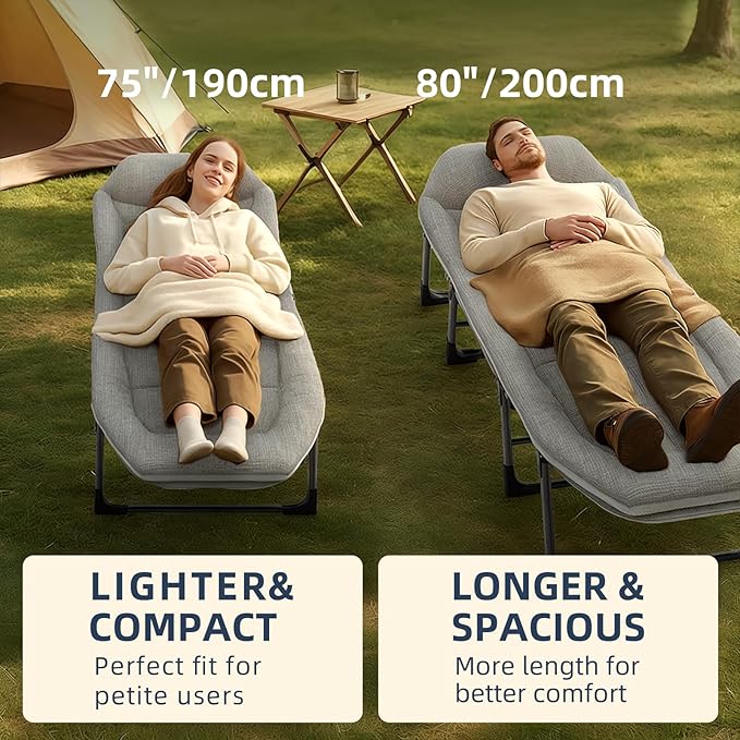 Chaise Lounge Chair Folding Cot 6-Angle Adjustable Camping Cot with Mattress for Patio and Beach Foldable Bed Portable Heavy Duty Lay Flat Reclining with Pillow (Grey XL - 80)
