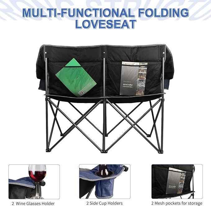 Oversized Double Camping Chair-Heavy Duty 2 Person Folding Loveseat Camp Couch for AdultsPortable Outdoor Lawn Chairs with Padded Seat for FishingSports and PatioSupports 500 LBSBlue