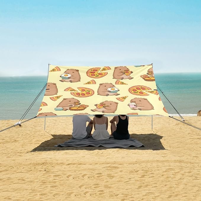 Capybara Pizza Pattern Camping Sun Shelter Beach Tent Portable Beach Sun Shade Outdoor Canopy for Camping Trips Fishing Picnic