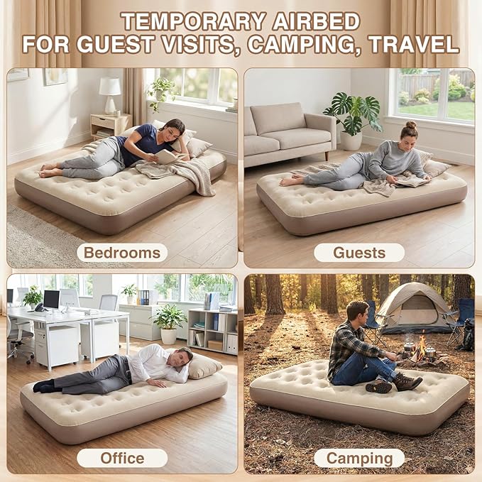 BreezeHug 4 Pcs Large Velvet Air Mattress Camping Twin Air Mattress Waterproof Portable Inflatable Blow Up Bed for Kids Adults Slumber Sleepover Party Guests Travel 73 X 39 X 7.9 Inches(Beige)