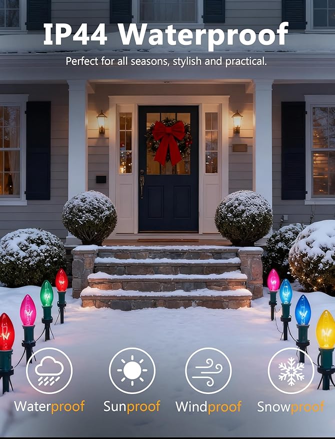 C9 Christmas Pathway Lights Outdoor 38Ft Vintage Christmas Decorations String Lights with 27 C9 Multicolor Bulbs and 25 Stakes Outside Walkway Lights for Driveway Sidewalk Yard Path Xmas Decor