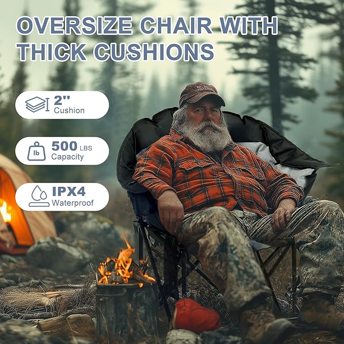 ABORON Oversized Heated Armrest Camping Chair Portable Heated Folding Recliner Chair with 3 Heat Settings Fully Padded Heavy Duty Chair Supports Up to 400 lbs Perfect for Outdoor Adventures