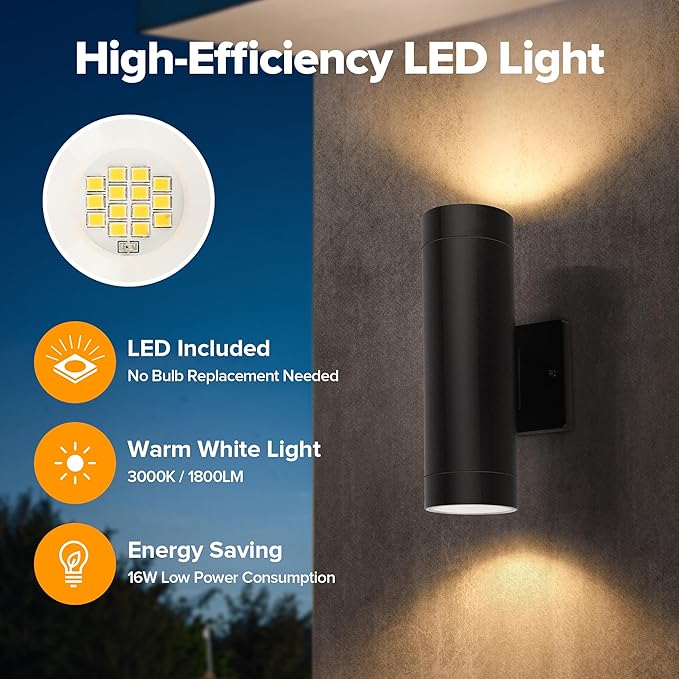 LUTEC Dusk to Dawn Outdoor Wall Lights 16W Integrated LED Cylinder Up-Down Sconce 3000K Waterproof Aluminum Exterior Lighting Matte Black Modern Porch and Entryway Wall Light Fixture 2 Pack