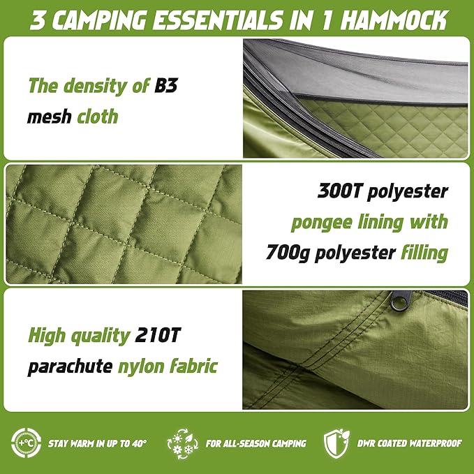 Camping Hammock with Mosquito Net with Built-in Underquilt - Built-in Quilt for Lightweight Soft Warm 4 Seasons Great for Hiking Backpacking Camping Travel(Hold Up to 500lbs) - Olive Green