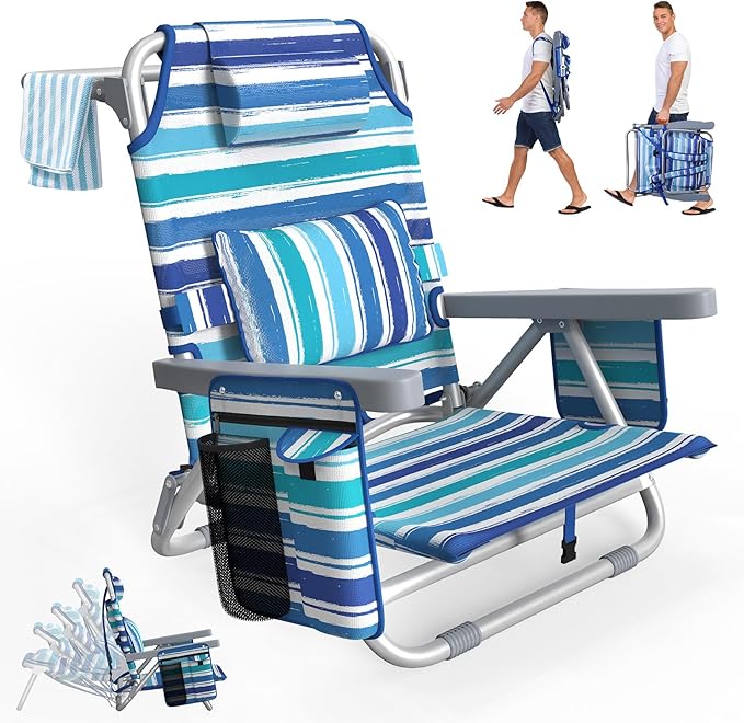 Suteck Beach Chair Adjustable 5-Position Backpack Beach Chairs for Adults Kids Foldable Lay Flat Chair with Cooler Bag Cup Holder and Lumbar Pillow Reclining Lay Down Chairs for Lawn Outdoor