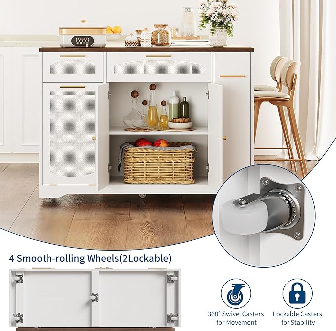 Rolling Kitchen Island Cart with Drop Leaf Storage Cabinets Drawers Tilt-Out Trash Can Spice Rack Narrow Movable Table for Small Spaces 47 on Wheels - Walnut Tabletop + White