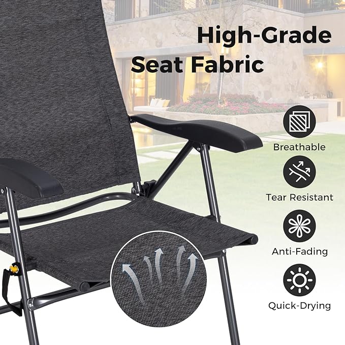 GYMAX Folding Camping Chair Patio Recline Chair with Ottomans with 7-Level Adjustable Backrest &amp Back Pocket Foldable Portable Lounge Chair with Stools for Backyard Outdoor/Indoor (2 Grey)