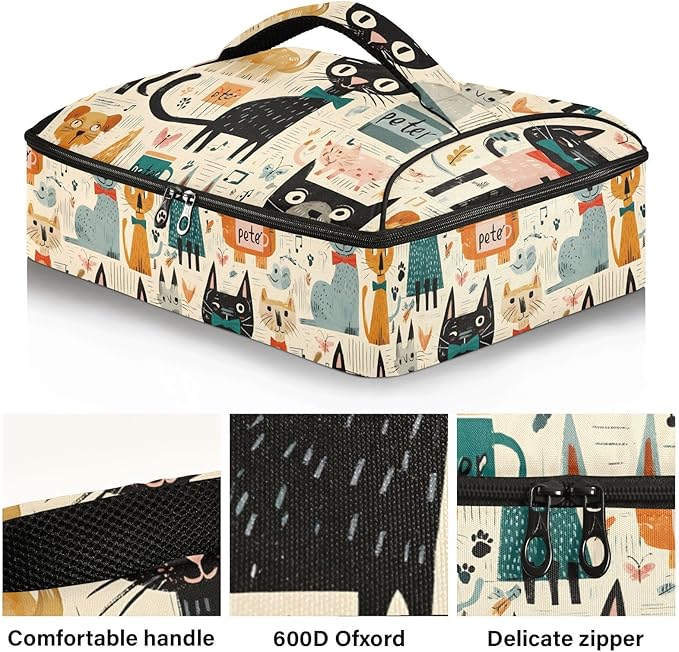 Casserole Carrier Colorful CatsInsulated Casserole Carrier for Hot or Cold Food Thermal Lunch Tote for Potluck Parties Picnic Beach Fits 9 x 13 Inches Baking Dish