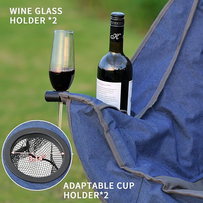 Portable Double Folding Love Seat Padded Camping Chair with Cup Holder Navy Blue and Gray