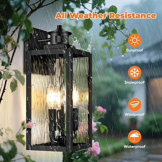 Large Motion Sensor Outdoor Wall Light Black Exterior Wall Sconce Light Fixtures with Water-Rippled Glass Waterproof Modern Outside Wall Lantern for House Porch Patio Garage Bulbs Not Included