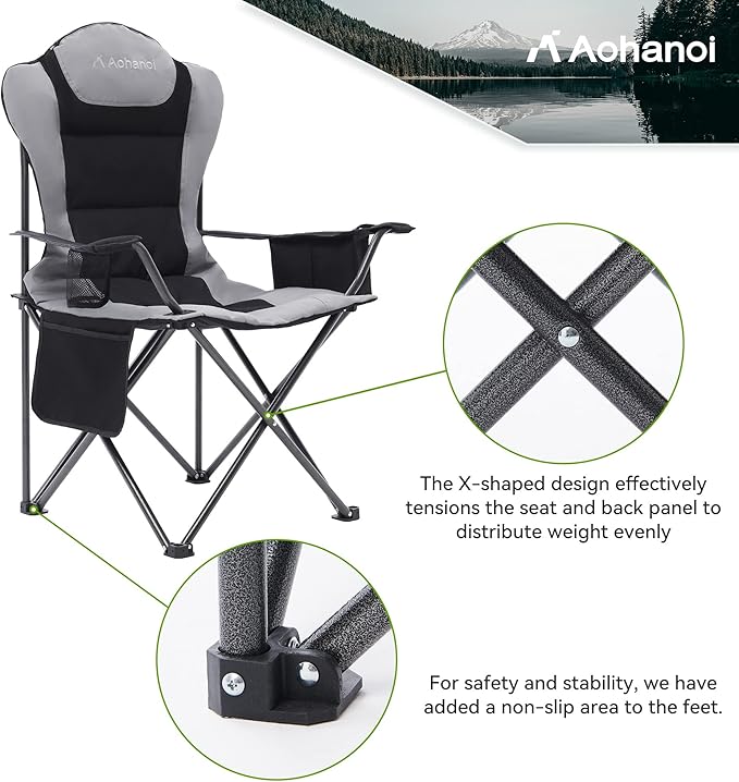 2 Pack Camp Chairs for Heavy People Outdoor Folding Camping Chairs with Cup Holder &amp Cooler Bag for Outside Supports up to 300lbs (2 Pcs Black)