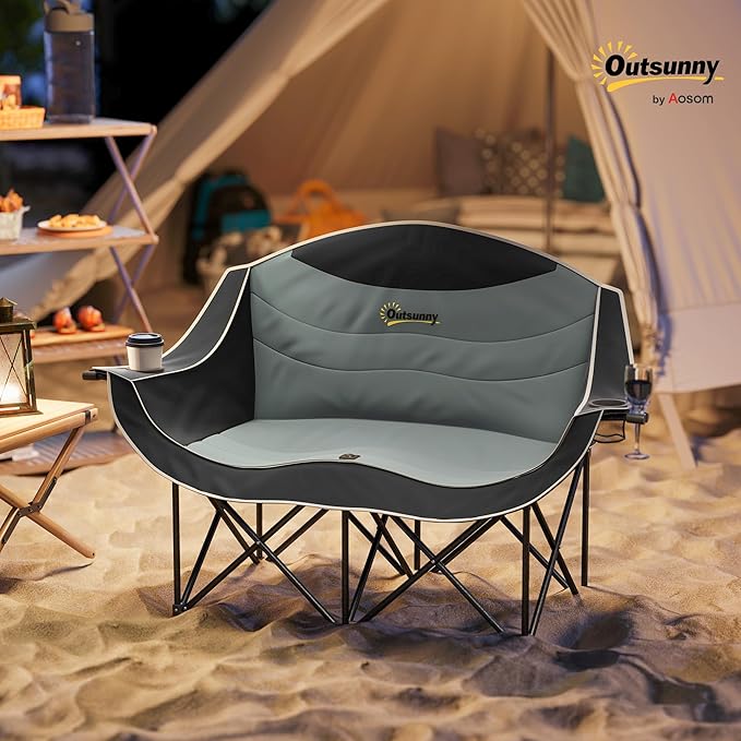 Outsunny Double Camping Chair for Adults Padded Folding Camp Chair for 2 Person with Armrest Wine Glass Holder Cup Holder Carry Bag for Outdoor Sports Picnics Supports up to 552 lbs.