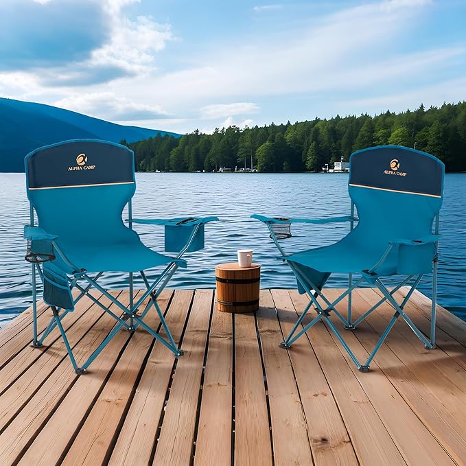 ALPHA CAMP Camping Chair 2 Pack Portable Chair with 3-Can Cooler Folding Chair with Side Pocket and Cup Holder Collapsible for Camping Tailgates Beach Fishing and Sports2PC