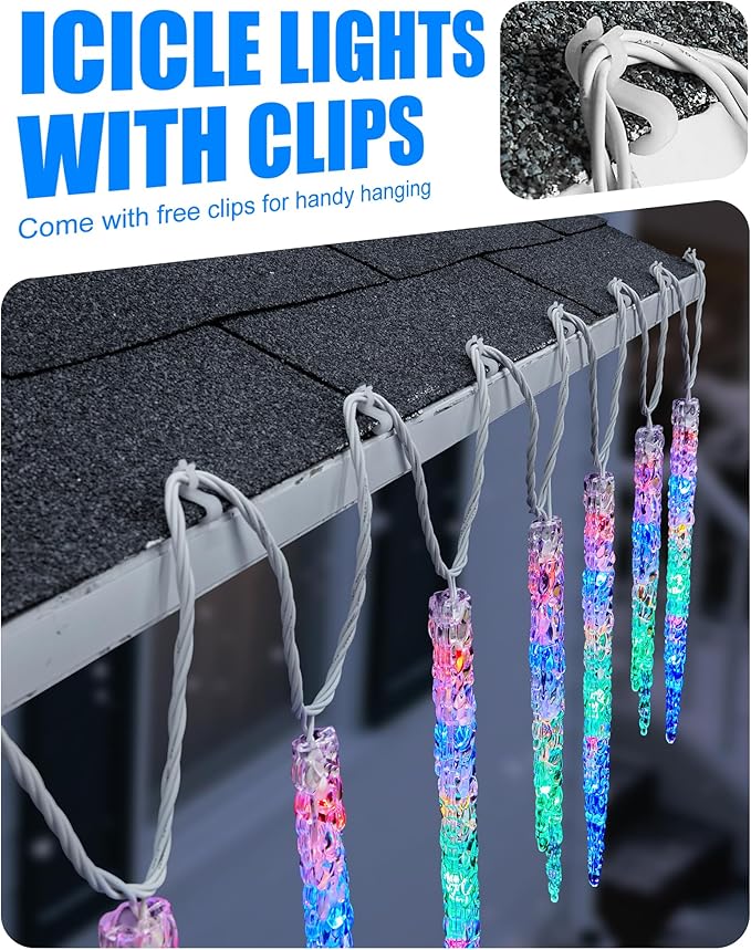 Minetom Icicle Lights Outdoor with Clips 20ft 100 LED 20 Tubes Twinkling Crystal Icicle String Connectable Waterproof Hanging Christmas Lights Plug in for Eave Outdoor Multicolor