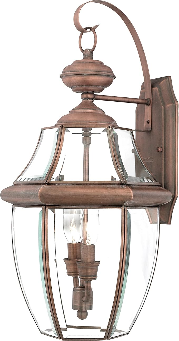 Quoizel Newbury 20 Outdoor Wall Lantern 2-Light Aged Copper with Clear Beveled Glass E12 Base French Country Style