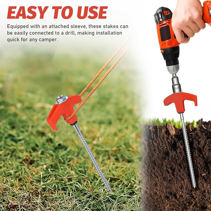 VILLCASE Rotating Plastic Head Threaded Tent Stakes 20cm Bright Screw-in Camping Pegs 10pcs with 1 Sleeve for Outdoor Tent Accessories