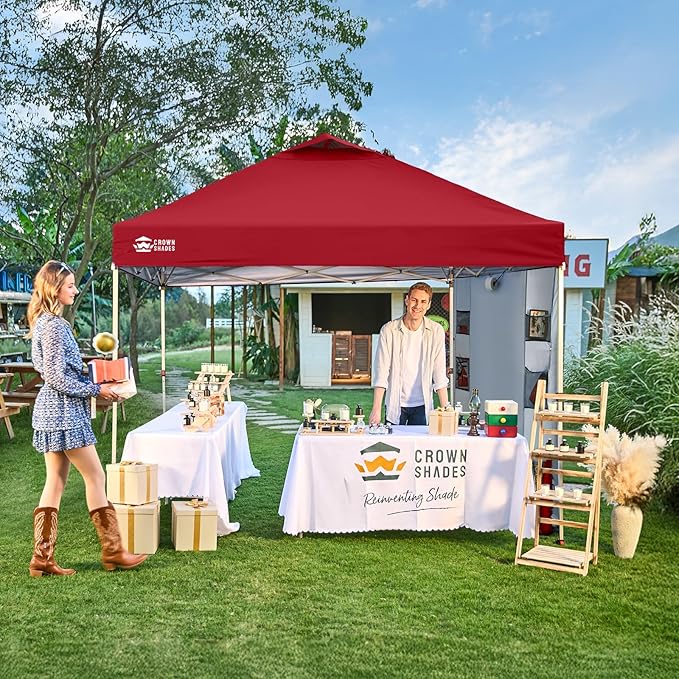 CROWN SHADES Canopy Tent 10x10 Pop Up Canopy Outdoor Shade with Pockets Sidewall Easy Up Sun Shelter with One Person Set Up Center Lock Portable Instant Camping Beach Canopy Tents Red