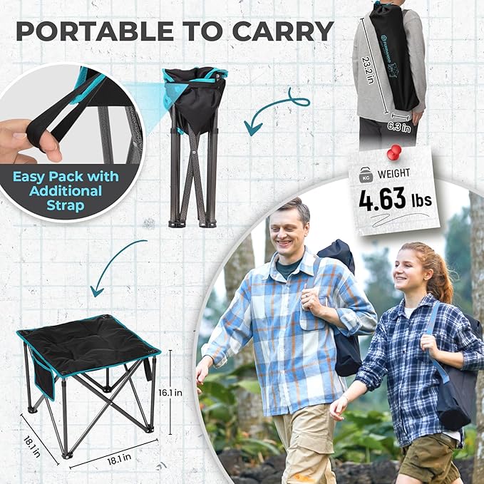FUNDANGO Oversized Camping Stool for adults 2 Pack Thick Padded 18.1 Inch Folding Ottoman Foot Rest 440 Lbs Heavy Duty Outdoor Camp Chairs with Anti-Slip Foots &amp Carry Bag for Fishing Travel (Bl