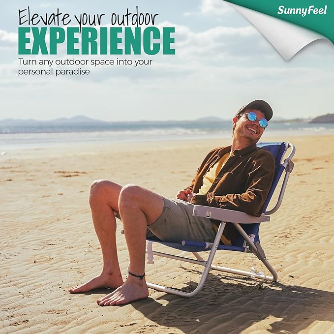 SUNNYFEEL Extra Wide 28 Low Beach Chair 5 Position Lay Flat XL Oversized Portable Folding Camping Chairs with Cup Holder for Outdoor/Trip Lightweight Foldable Backpack Beach Chair for Adults