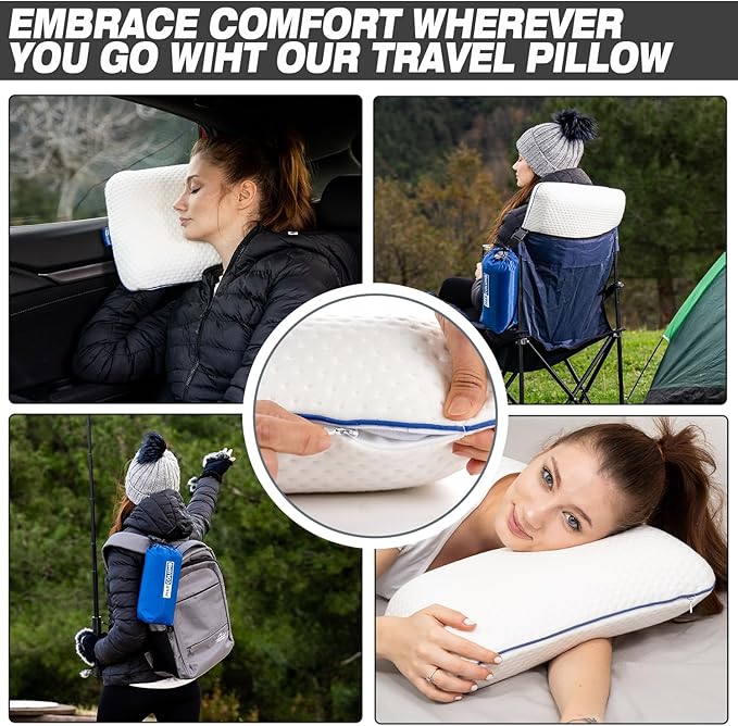 Travel &amp Camping Comfortable Memory Foam Pillow – Easy to Carry Portable Bag – Temperature Regulating Pillow Case - Perfect for Travelling (White)