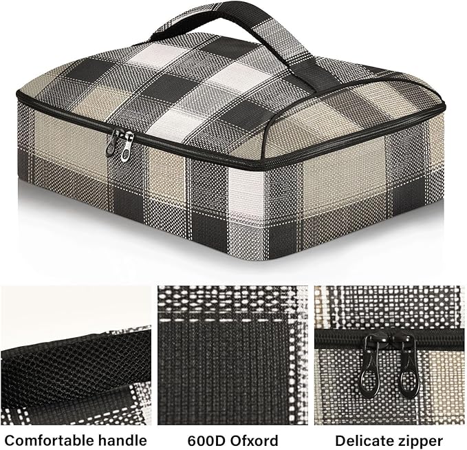 Casserole Carrier Black White Brown Tartan Plaid Insulated Casserole Carrier for Hot or Cold Food Thermal Lunch Tote for Parties Picnic Travel Carry Bag
