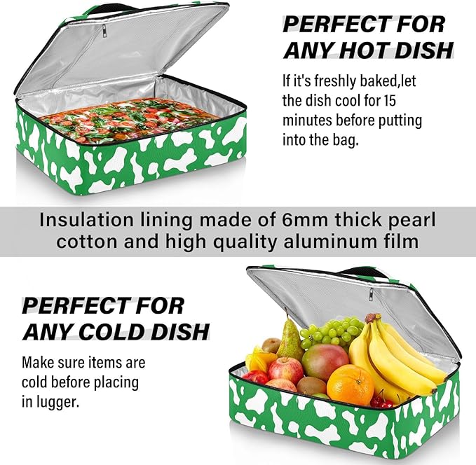 Casserole Carrier Green and White Cow Print PatternInsulated Casserole Carrier for Hot or Cold Food Thermal Lunch Tote for Potluck Parties Picnic Beach Fits 9 x 13 Inches Baking Dish