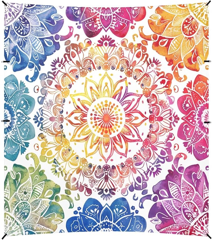 ALAZA Rainbow Mandala Watercolor Beach Tent Sun Shelter UPF50+ Protection Beach Shade Canopy w/ 4 Sandbags for Outdoor Camping Fishing Backyard Fun Picnic 10x9 ft