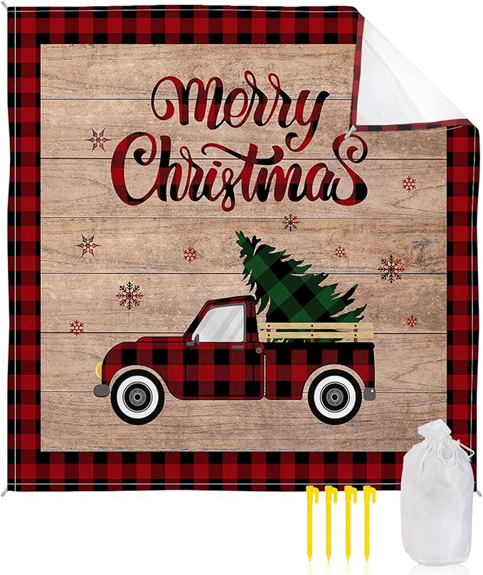 Beach Blanket Waterproof Sandproof OversizedRetro Farm Plaid Car Beach Mat with Corner Stakes Sand PocketsBuffalo Grid Xmas Tree on Wood Grain Outdoor Picnic Mat for Travel Camping Hiking 83x79In