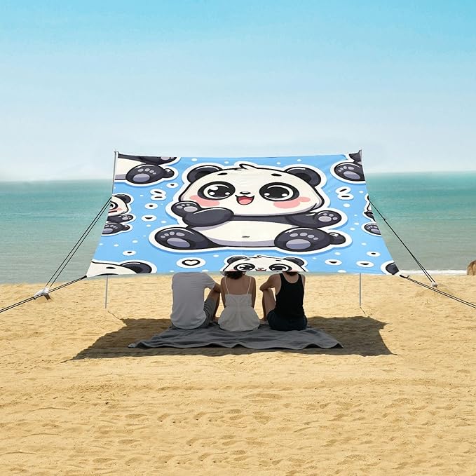 Cute Fat Chubby Panda Bear Sticker Blue Camping Sun Shelter Beach Tent Portable Beach Sun Shade Outdoor Canopy for Camping Trips Fishing Picnic
