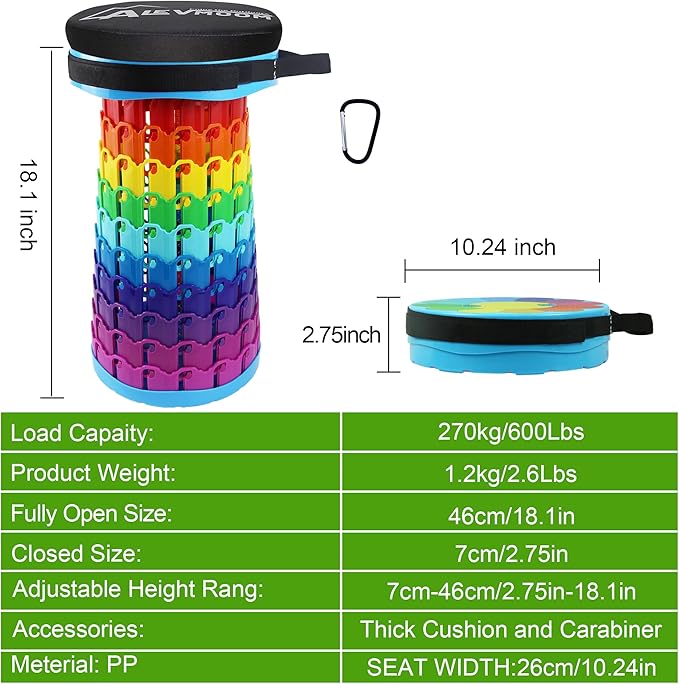 Portable Collapsible Stool with Swivel CarabinerH 18.1 More Sturdy and Lightweight Camping Telescoping Stool for Mountain Hiking BBQMax Load Capacity 600LBs