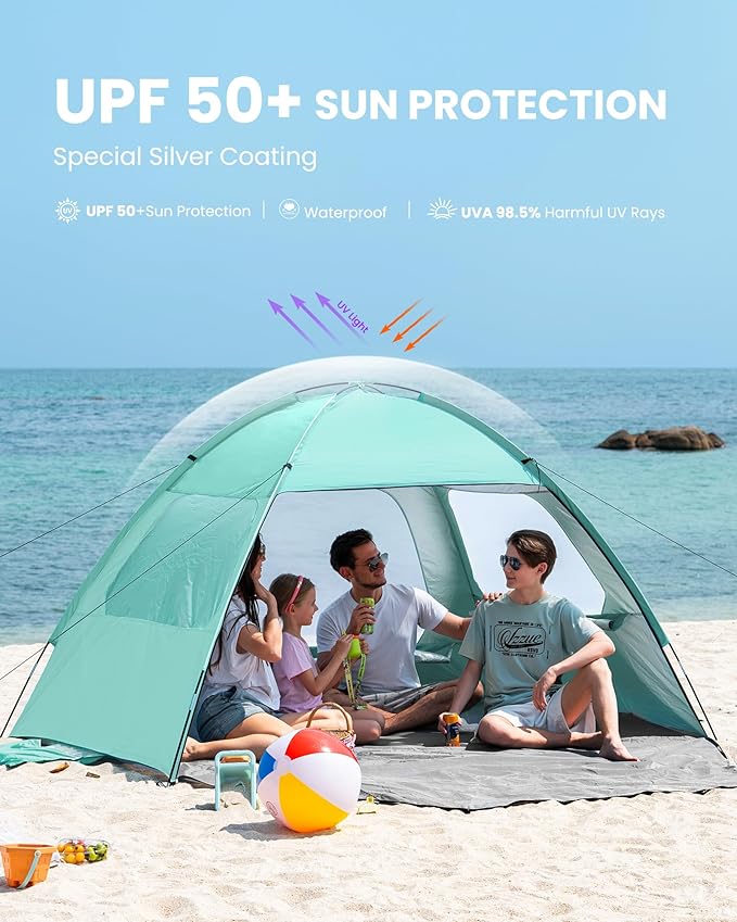 OutdoorMaster Beach Tent for 3/4/6/8 Person - Easy Setup Sun Shade Shelter Portable Beach Shade Sun Canopy with UPF 50+ UV Protection Removable Skylight Family Size