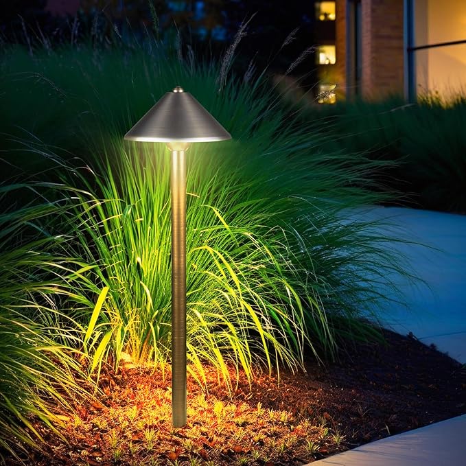DOSHINE® Solid Brass Low Voltage Landscape Lighting Pathway Lights (7 Shade 22 Tall) with Replaceable 3W G4 LED Bulb 3000K AC/DC 12V and Ground Stake for Outdoor Walkway Driveway (UMB4-Pack)