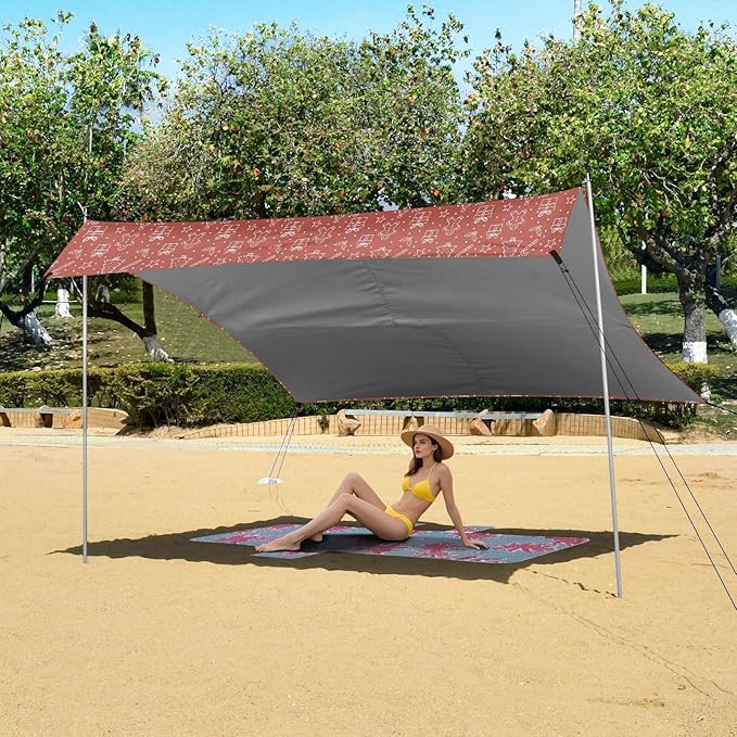 Red White Hand Drawn Christmas Elements Foldable Beach Cabana UPF50+ Protection Lightweight Large Portable Sun Shelter Includes Sand Shovel Sandbags Stability Poles for Camping Trips Fishing