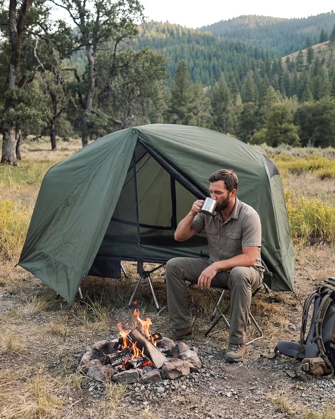 Gonex Camping Tent Cot for Adults 1-Person Off-Ground Folding Portable Easy Set-up Tent Cot Combo for Hiking Backpacking Car &amp Motorcycle Camping(31.5 W X 78.7 L)-Army Green