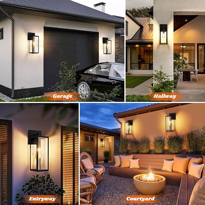 Brightever 2-Pack Outdoor Wall Light Exterior Waterproof Wall Sconce Light Fixtures 15 Black Outdoor Wall Lamp with Clear Glass for House Porch Front Door Garage Patio Bulbs Not Included