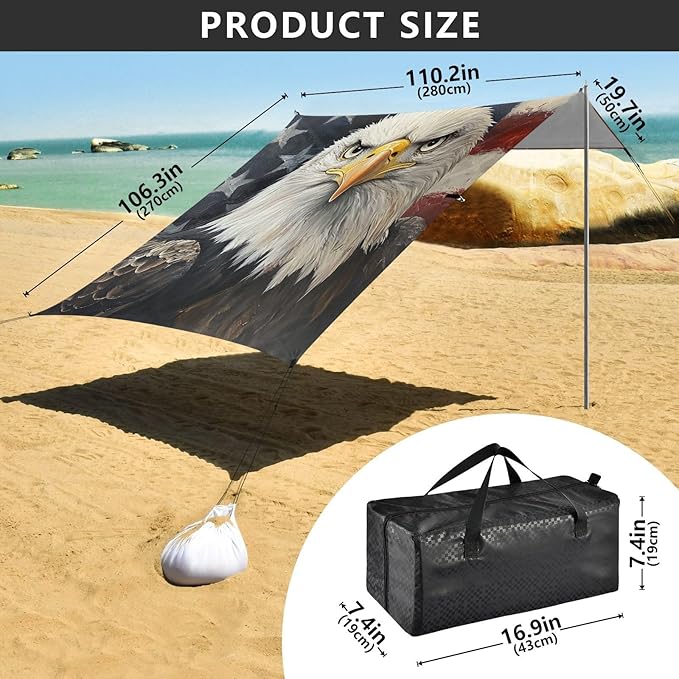 Beach Tent Sun Shelter Fair Bald Eagle Flag Lightweight &amp Easy Setup Beach Shade Canopy for Camping Fishing