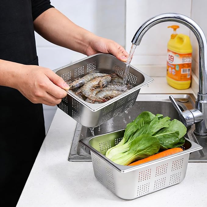 2 Pcs 8L Filtering Pans 6in Deep Anti-Jam Perforated Pan Stainless Steel Steam Pan Filter Basket 1/2 Vegetable Fruit Wash Basin Food Pan Chafing for Hotel Catering Kitchen Restaurant